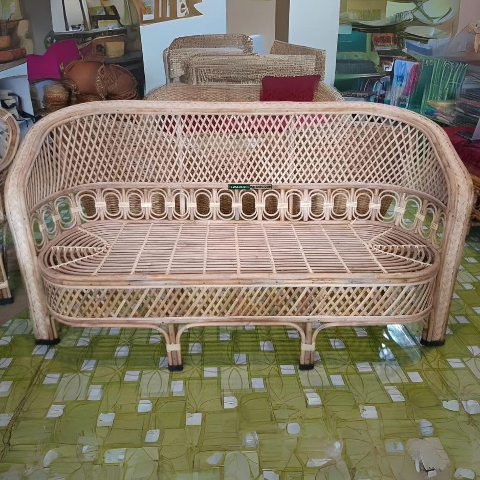 Cane Three Seater Sofa,Sofa couch for Home, Living Room, Office, Resort, Hotels with Cushion (3 seater)(model commando jaal)