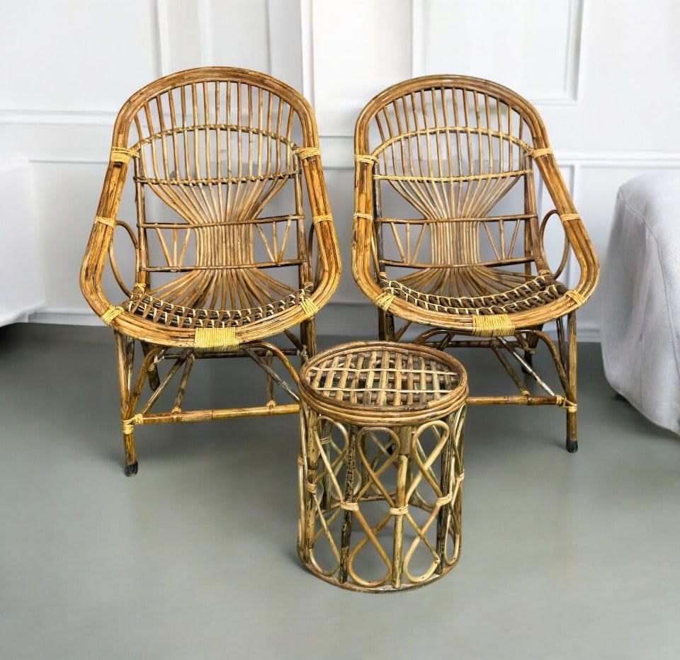 Bamboo Cane Lawn Chair Set with Table & Cushion – Perfect for Balcony, Garden & Indoor-Outdoor Seating(SET OF 2)