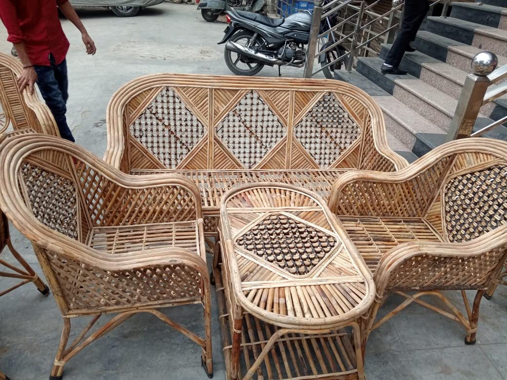 Cane Bamboo Sofa Set with Table for Home, Living Room, Office, Garden, Resort with Cushion(patang)