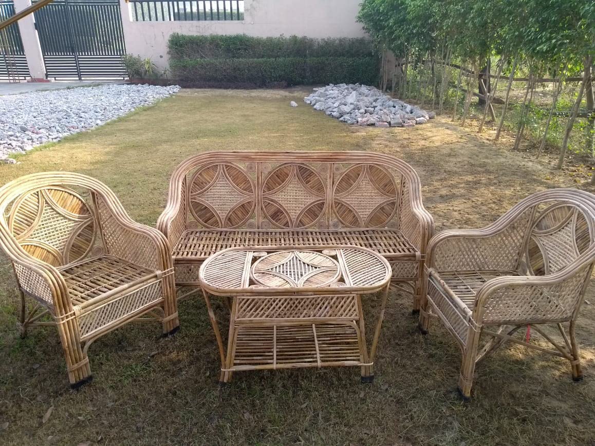 Cane Bamboo 3 Seater Sofa Set with Table for Home, Living Room, Office, Outdoor, Indoor, Garden, Resort with Cushion