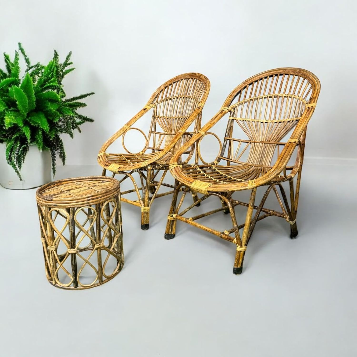 Bamboo Cane Lawn Chair Set with Table & Cushion – Perfect for Balcony, Garden & Indoor-Outdoor Seating(SET OF 2)