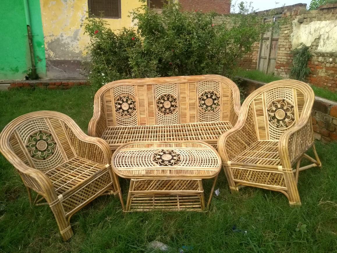 Cane Sofa Set with Table For Home, Living Room, Garden