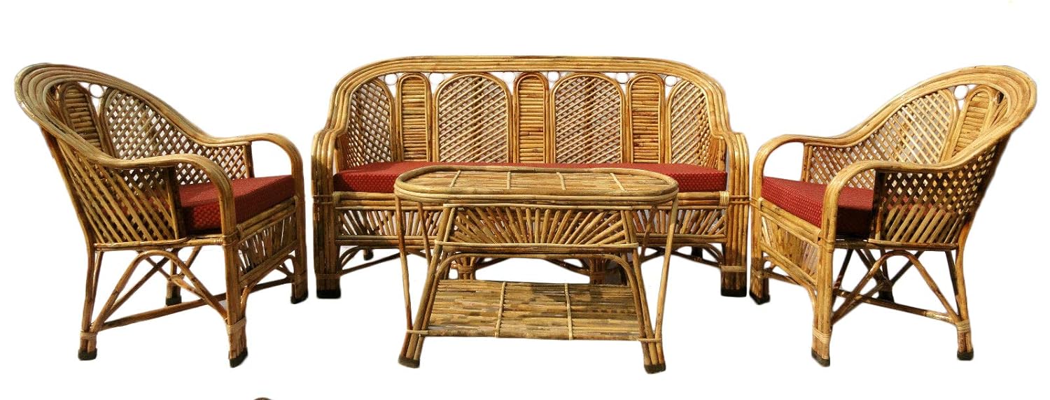 Cane Sofa Set with Table for Home, Living Room, Office, Garden, Resort with Cushion(u)