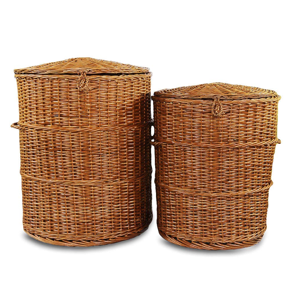 Cane Laundry Basket Set with Lid: Bathroom & Laundry Room Storage | Medium Set of 2