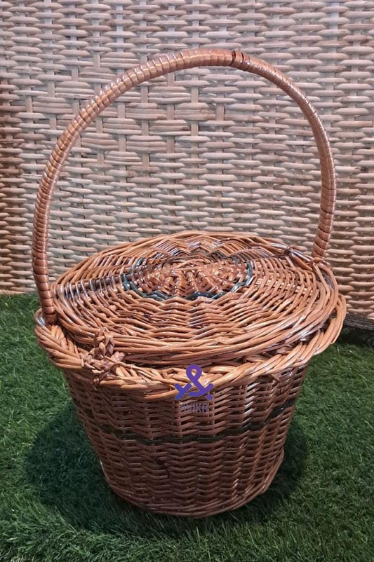 Cane Basket with Handle & Lid: Ideal for Pooja, Fruit, Flower, Mandir, Ladoo Gopal
