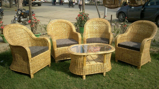 Cane Lawn Chair, Outdoor Chair, Garden Chair, Living Room Chair with Cushion (Pack of 4+1 Table)
