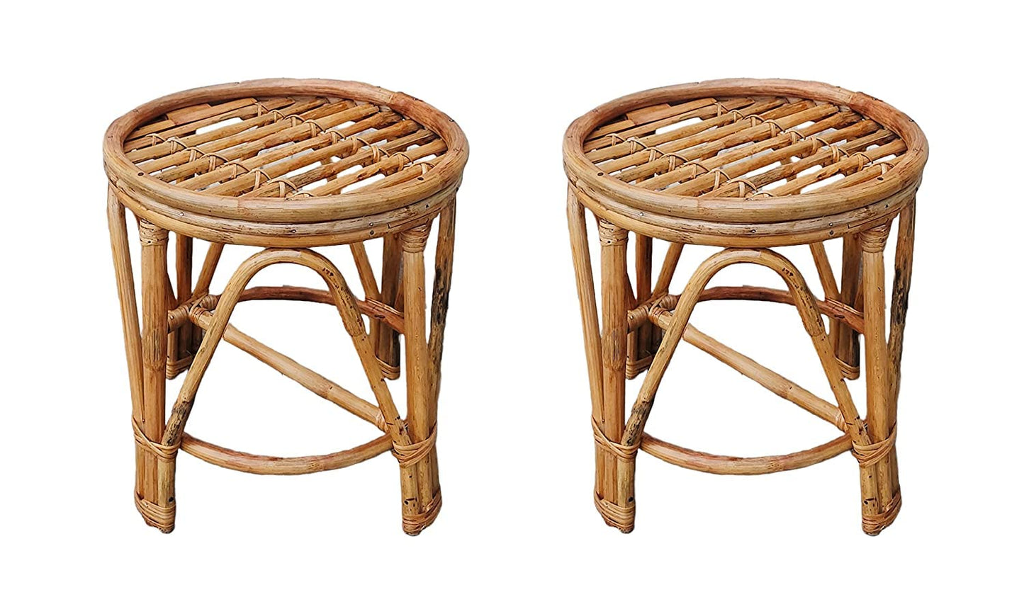 Bamboo Cane Mudha Side Stool/Balcony Stool Natural (Set of 2)