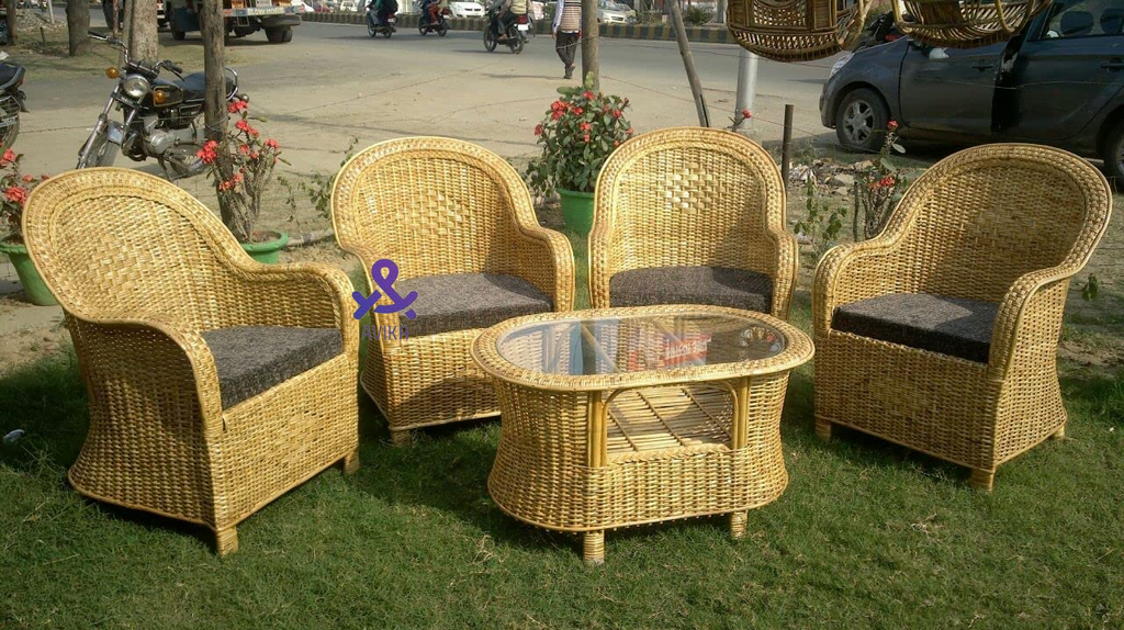 Bamboo Cane Sofa Chair for Home, Office, Garden & Balcony with Table (Set of 4 Chair with table)