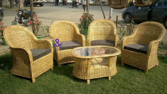 Bamboo Cane Sofa Chair for Home, Office, Garden & Balcony with Table (Set of 4 Chair with table)