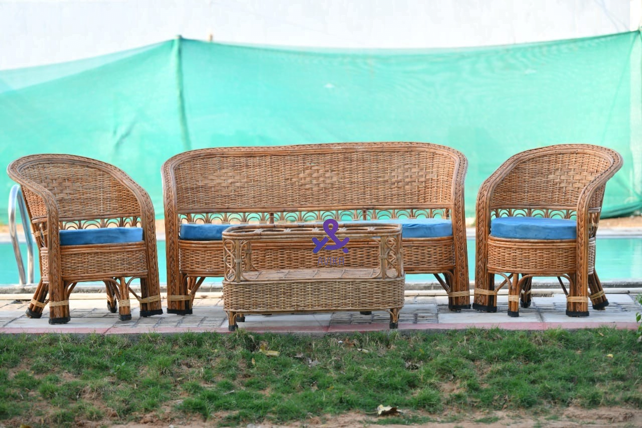 Cane Sofa Set with Table for Home, Living Room, Office, Garden, Resort with Cushion (commando bunai)