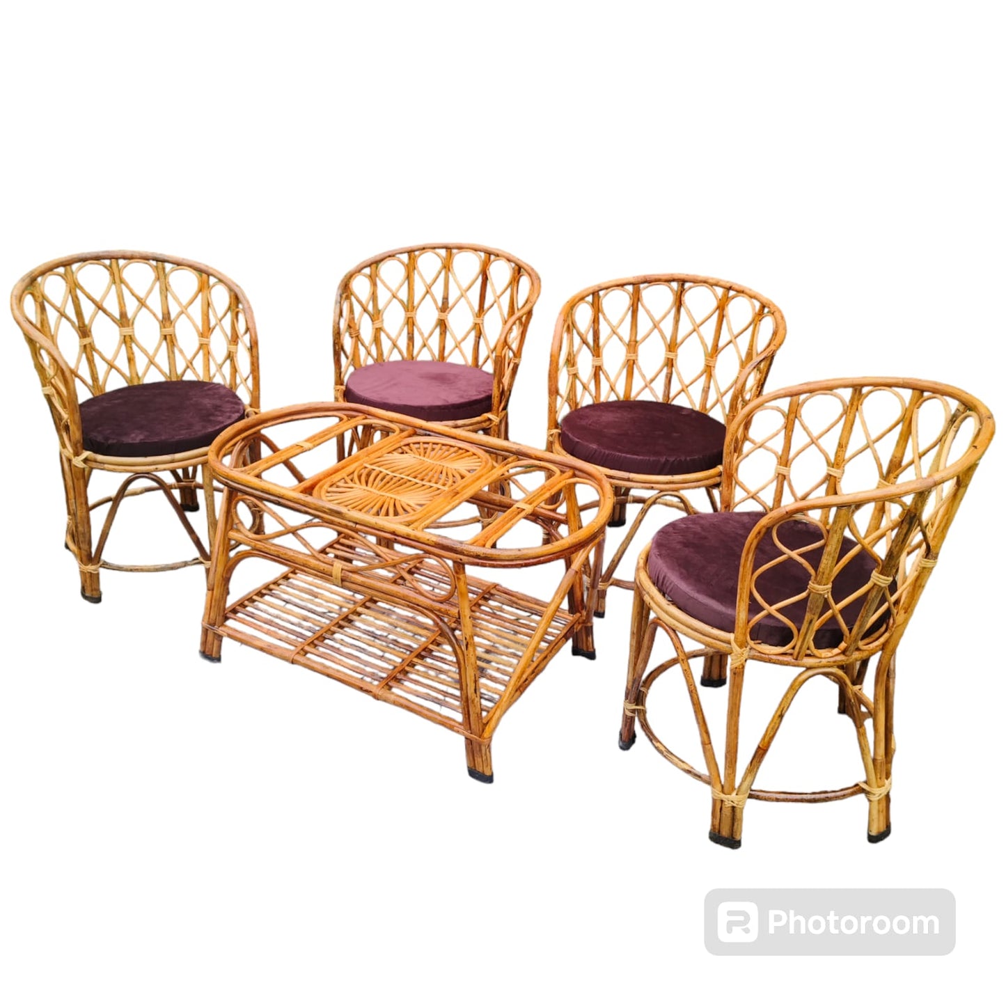 Elegant Bamboo Cane Chair and Table Set – Ideal for Living Room, Garden, Porch, Cafe, Restaurant, Indoor & Outdoor Use (4 Chairs + 1 Table)