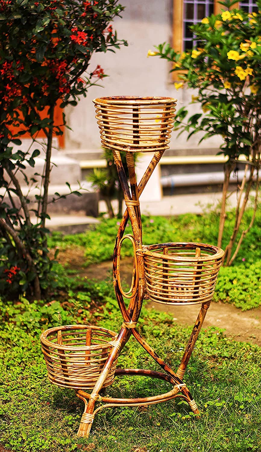 Cane Planter Stand Flower Pot Stand for Patio, Living Room, Balcony, Cafe (3 Pot)