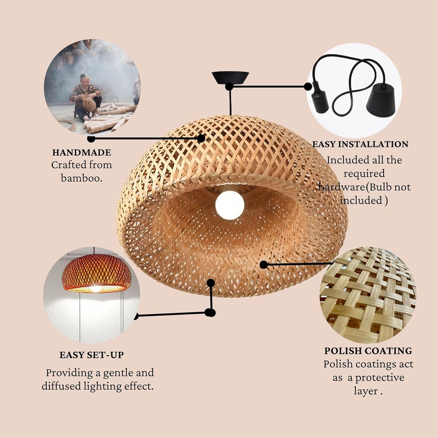 Bamboo Hanging Lamp Shades,Pendent Lamp Shade,Hanging Lights for Dining Room, Living Room,Hotel,Cafe,Home Corrido, Bar, Restaurant, Coffee house (Half Moon)
