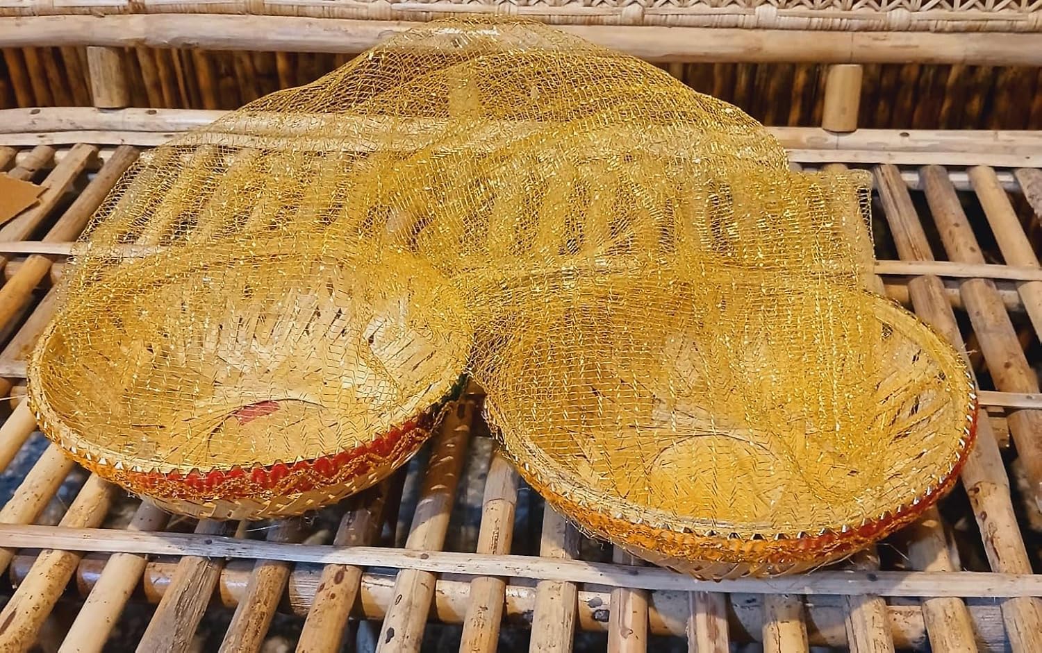 Round Bamboo Basket with Net Cover – Perfect for Weddings, Festivals & Gifts(pack of 4)(9inch size)