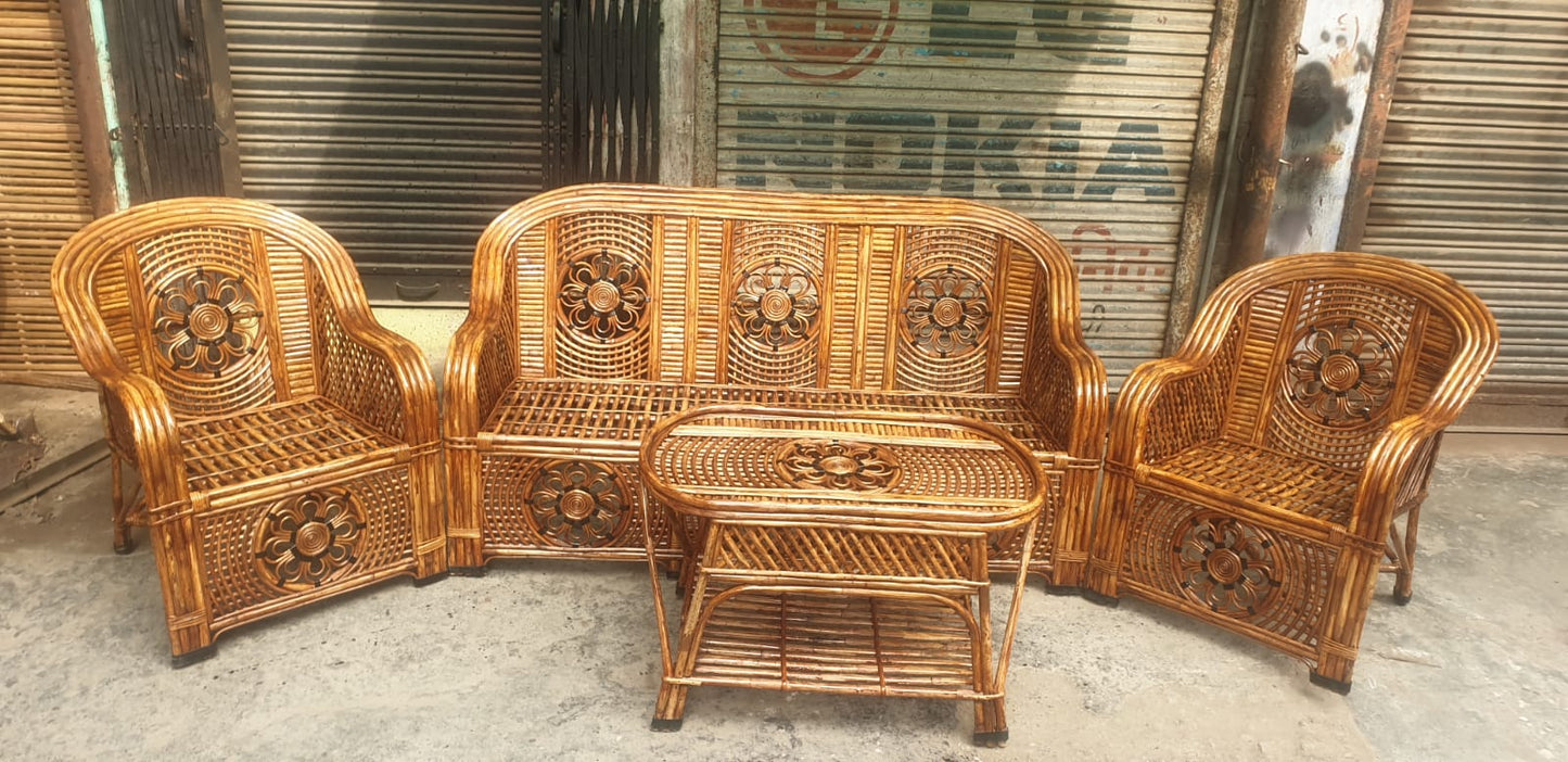 Cane Sofa Set with Table for Home, Living Room, Office, Garden, Resort with Cushion (flo)