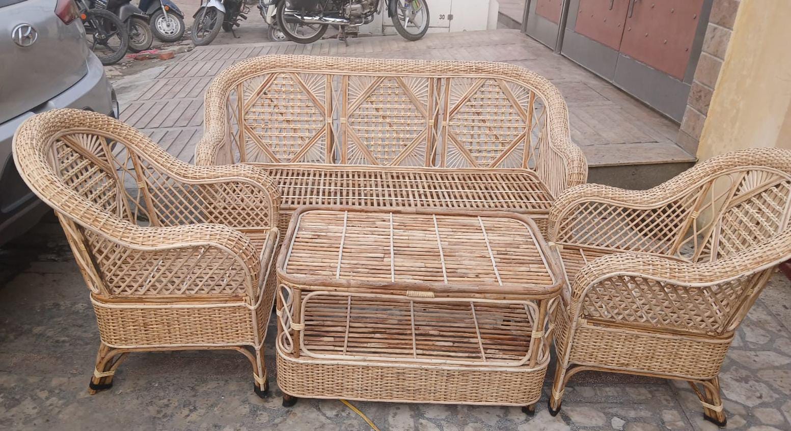 Cane Sofa Set With Table For Home, Office, Living Room, Balcony, Garden, Indoor-outdoor (Patang Weaving)