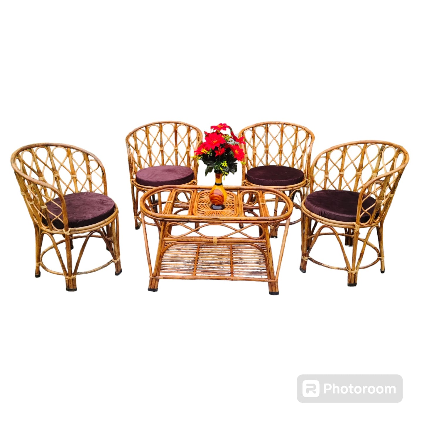 Elegant Bamboo Cane Chair and Table Set – Ideal for Living Room, Garden, Porch, Cafe, Restaurant, Indoor & Outdoor Use (4 Chairs + 1 Table)
