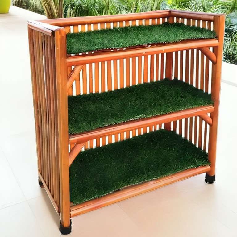 3-Shelf Bamboo Cane Rack for Shoes, Books, Planters with Decorative Grass