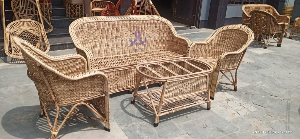 Cane Sofa Set with Table (Type - 3 Sitter + 2 No. Single Chair + 1 Cen ...