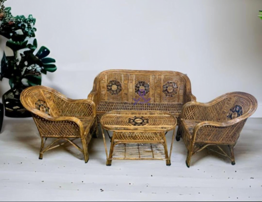 Cane Sofa Set with Table for Home, Living Room, Office, Garden, Resort with Cushion