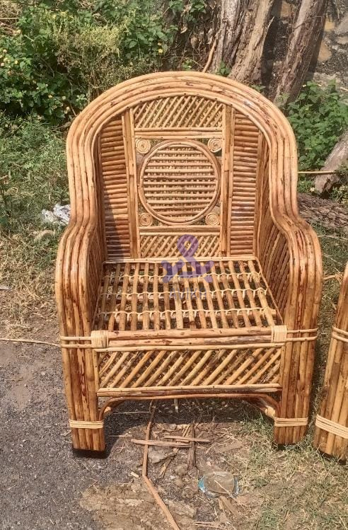Bamboo Cane Sofa Chair for Living Room, Cafe, Pubs, Bars, Restaurants,Lawn, Cafeteria with Cushion (Ring jaal)