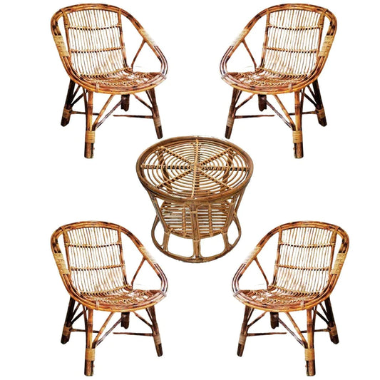 Bamboo Cane Rattan Prince Chair for Home, Office, Garden & Balcony with Table (Set of 4 with table)