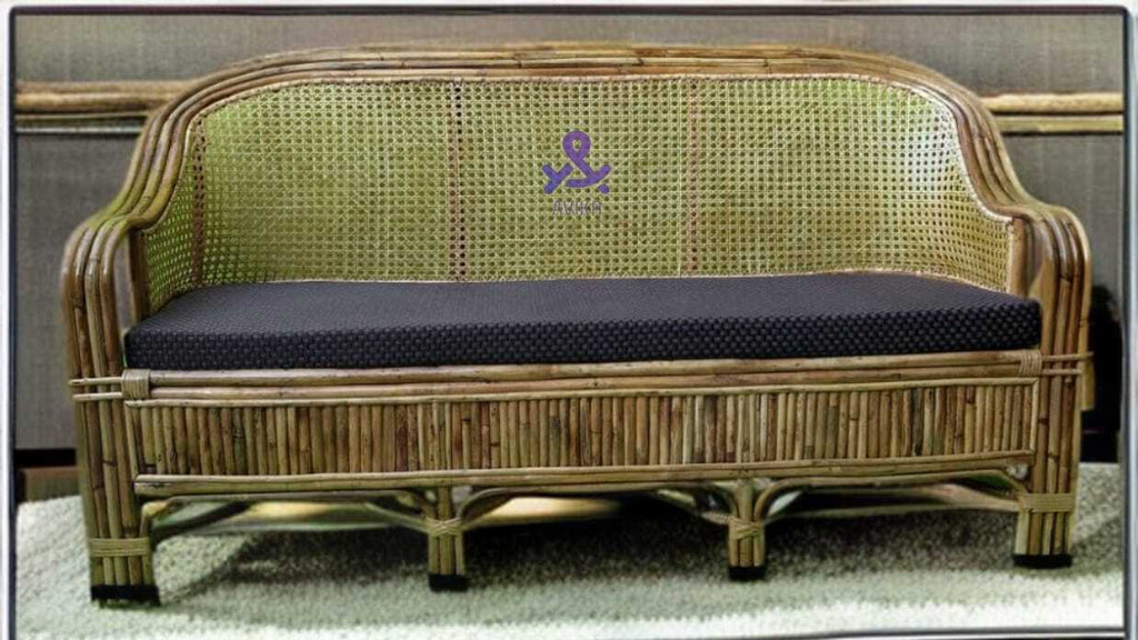 Rattan Cane Weaving Three Seater Couch with Seat Cushion