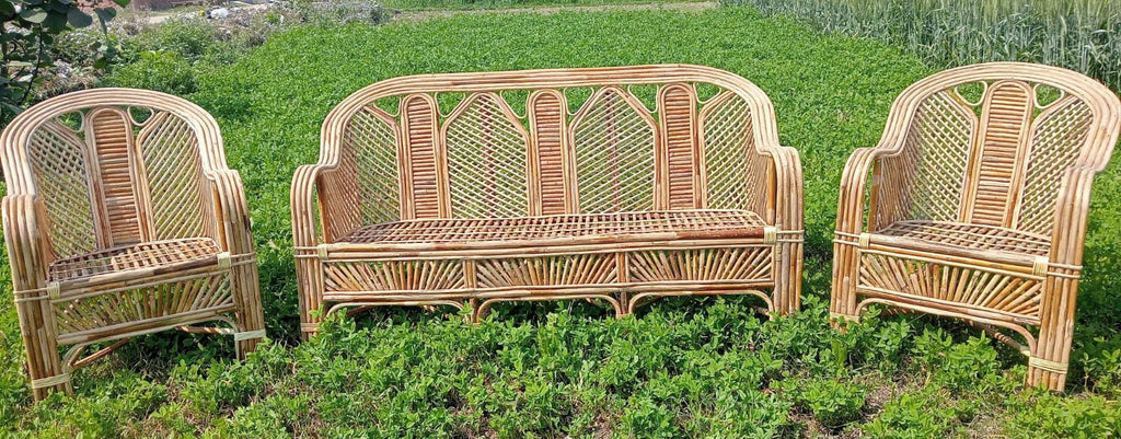 Bamboo Cane Sofa Set – Stylish & Durable Furniture for Living Room, Lawn, Balcony & Resort (1 Sofa + 2 Chairs)