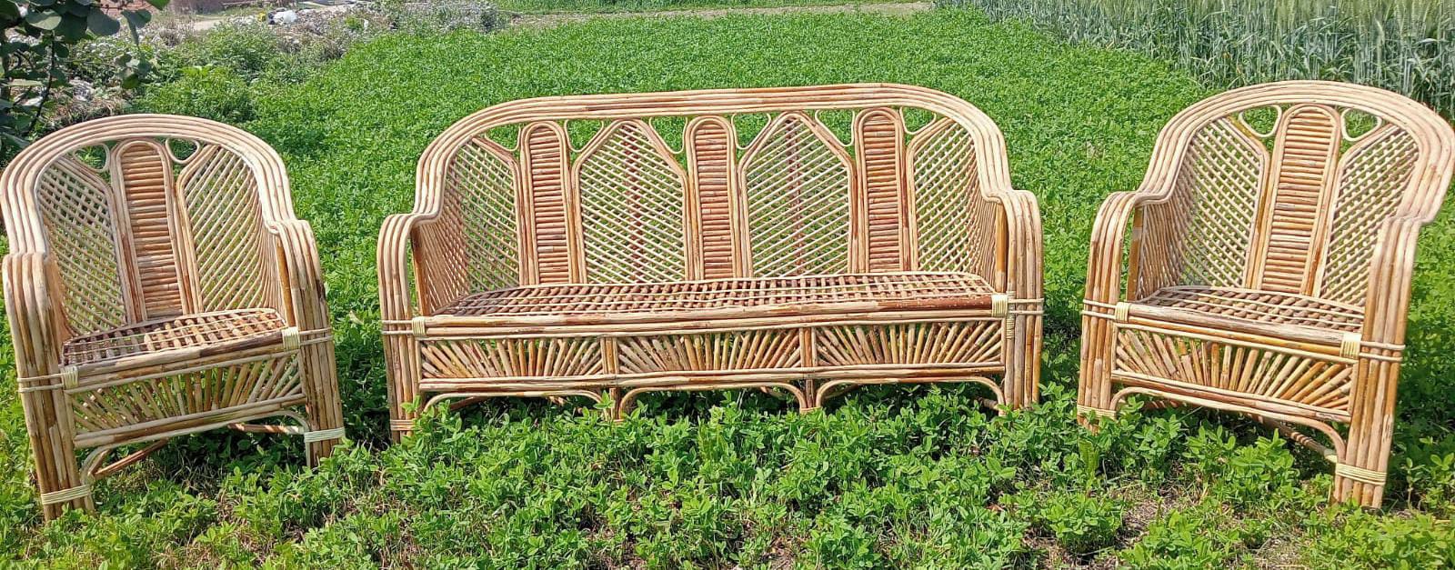 Bamboo Cane Sofa Set – Stylish & Durable Furniture for Living Room, Lawn, Balcony & Resort (1 Sofa + 2 Chairs)