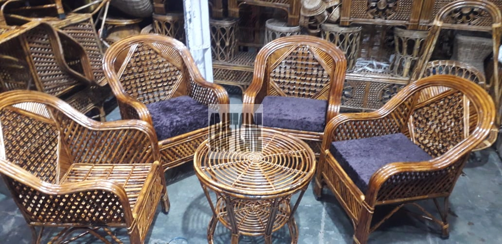 Cane Sofa Chair Set with Cushion and Table (4 Chairs + 1 Table) for Garden, Living Room, and Balcony