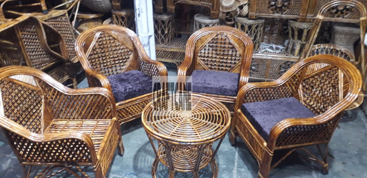 Cane Sofa Chair Set with Cushion and Table (4 Chairs + 1 Table) for Garden, Living Room, and Balcony