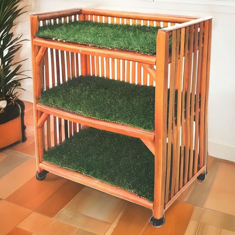3-Shelf Bamboo Cane Rack for Shoes, Books, Planters with Decorative Grass