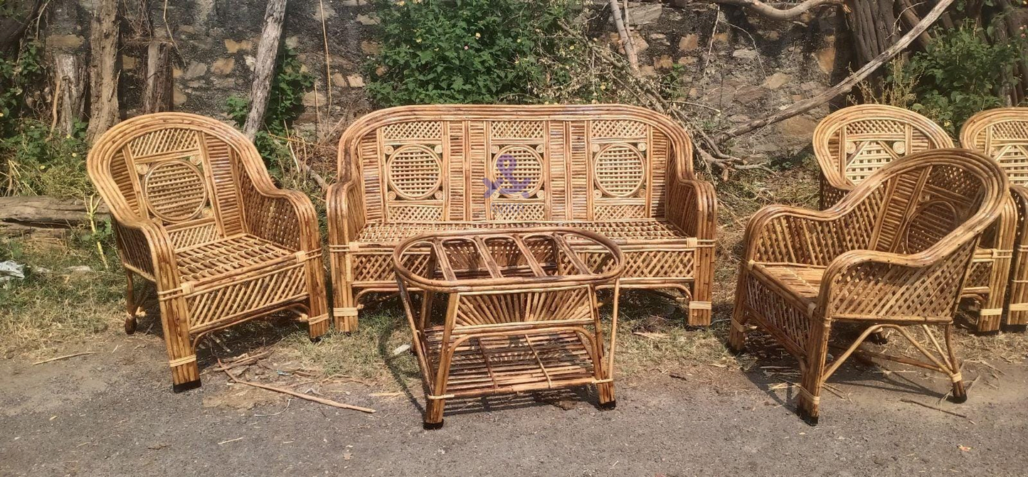 Cane Sofa Set with Table for Home, Living Room, Office, Garden, Resort with Cushion (Model : RingJaal)