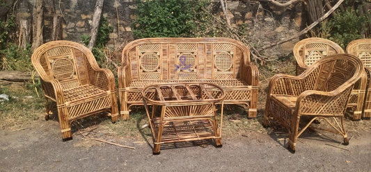Cane Sofa Set with Table for Home, Living Room, Office, Garden, Resort with Cushion (Model : RingJaal)
