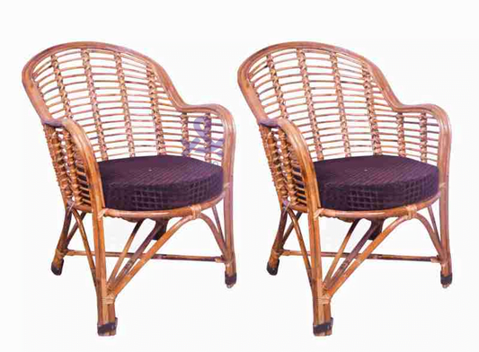 Bamboo Cane Chair for Lawn Chair, Arm Chair, Room Chair, Cafe, Pubs, Bars, Restaurants, Indoor/Outdoor, Lawn, Cafeteria, Balcony,Garden with Cushion | Set of 2