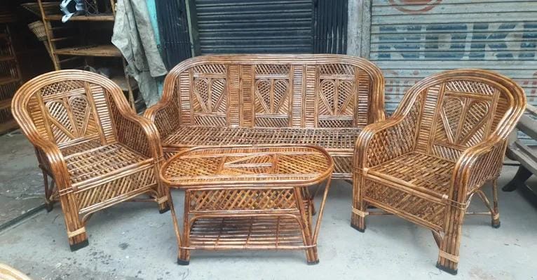 Cane Sofa Set with Table for Home, Living Room, Office, Garden, Resort with Cushion (Dil)
