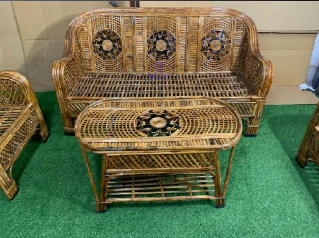 Cane Sofa Set with Table for Home, Living Room, Office, Garden, Resort with Cushion