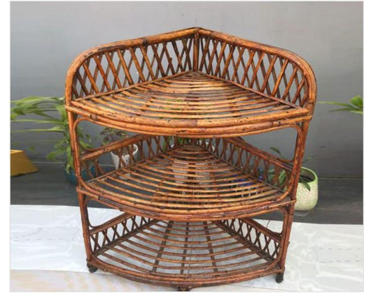 Cane Corner Rack | 3-Shelf Multipurpose Storage for Books, Plants & Home Décor