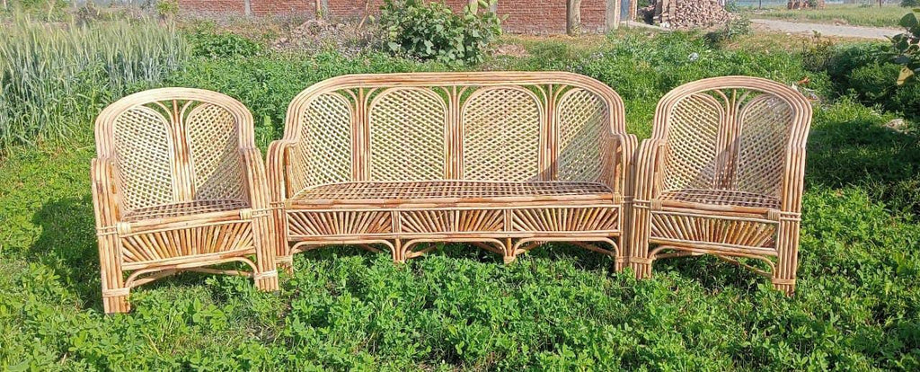 Bamboo Cane Sofa Set – Stylish & Durable Seating for Living Room, Balcony, Lawn & Resorts (1 Sofa + 2 Chairs)
