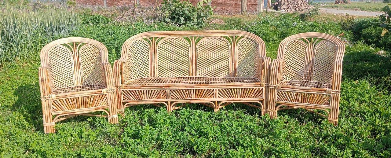 Bamboo Cane Sofa Set – Stylish & Durable Seating for Living Room, Balcony, Lawn & Resorts (1 Sofa + 2 Chairs)