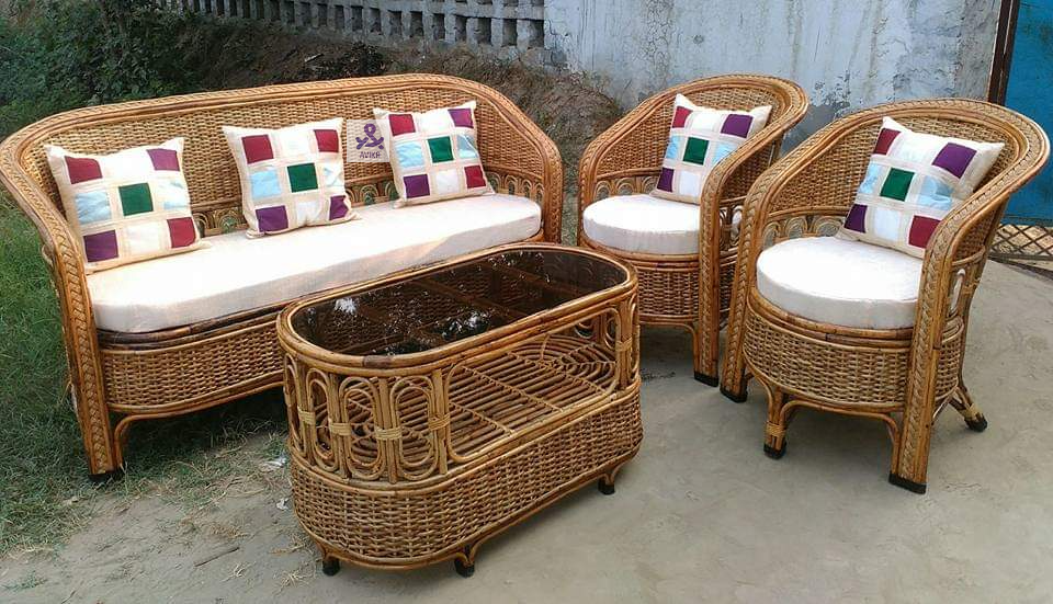 Cane Sofa Set with Table for Home, Living Room, Office, Garden, Resort with Cushion (commando bunai)