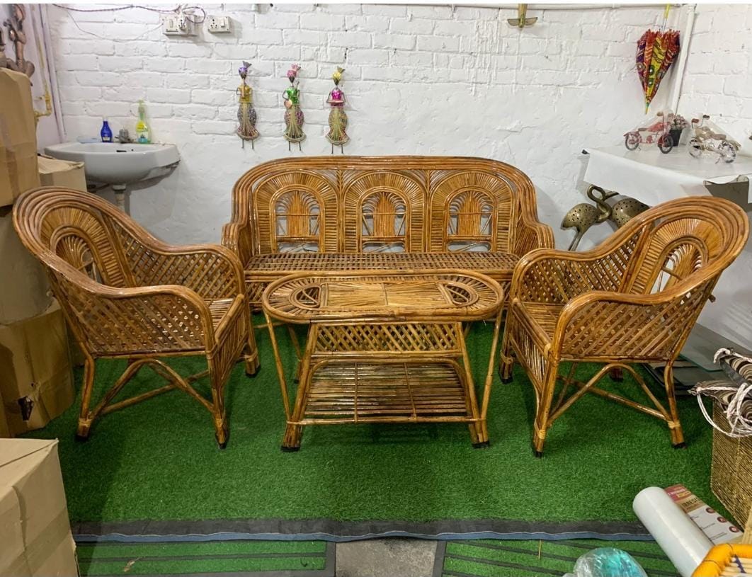 Cane Sofa Set with Table for Home, Living Room, Office, Garden, Resort with Cushion(raj)