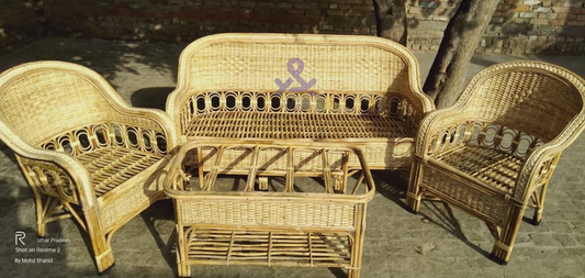 Cane Sofa Set with Table for Home, Living Room, Office, Garden, Resort with Cushion (model : Yuva))